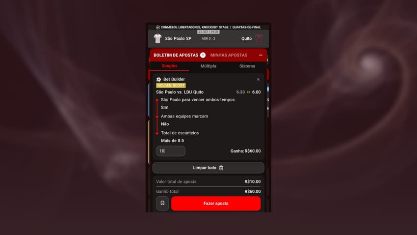 Captura de tela de apostas no futebol pelo Bateubet app