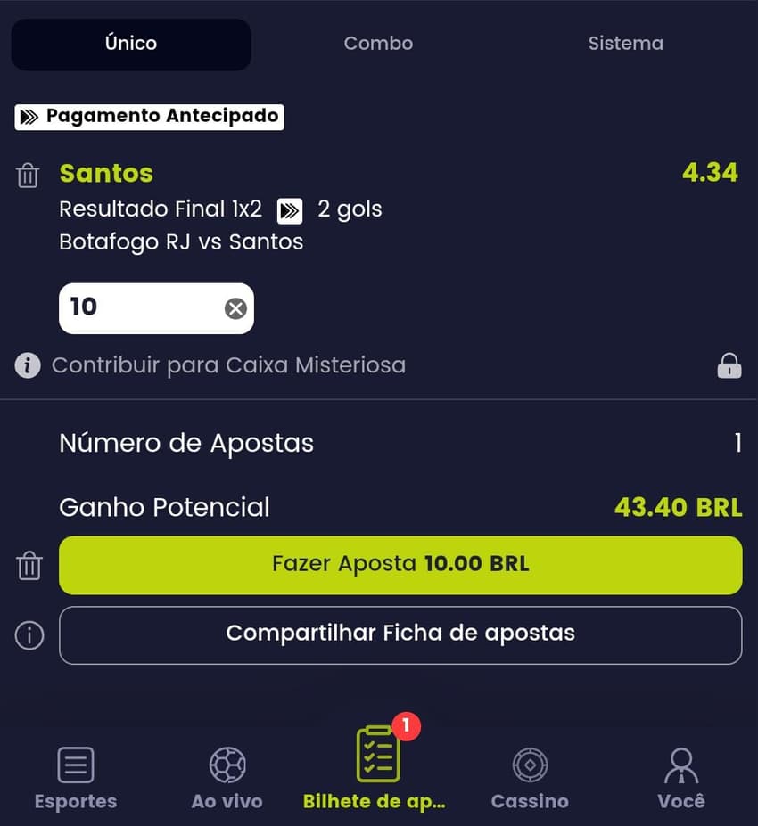 Captura de tela com um Bilhete de Apostas na Bet7k.