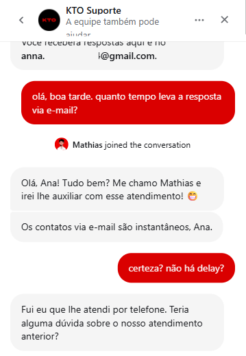 Chat ao vivo da KTO com atendente humano