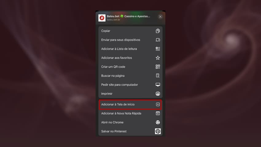 Captura de tela BateuBet app no iOS com imagem de atalho
