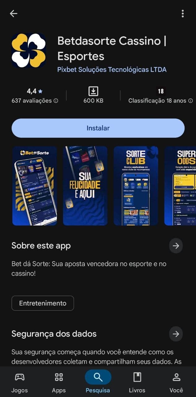 Tela de download do Bet dá Sorte app na Play Store