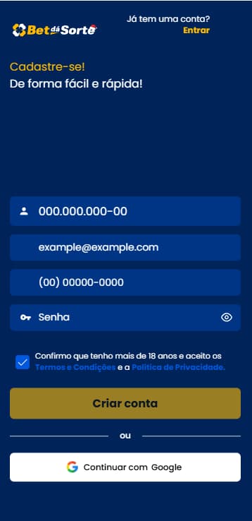 Formulário de cadastro da Bet dá Sorte no app