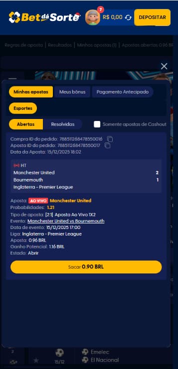 Tela de apostas abertas e cash out da Bet dá Sorte