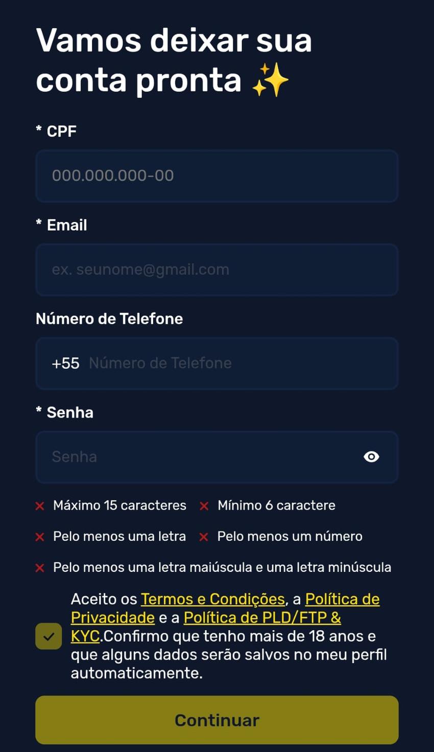 Captura de tela da página de registro na GingaBet Brasil.