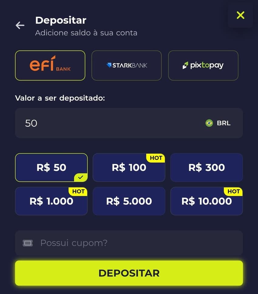 Captura de tela que mostra o depósito e o campo de inserção do cupom Bet7k, que é opcional.