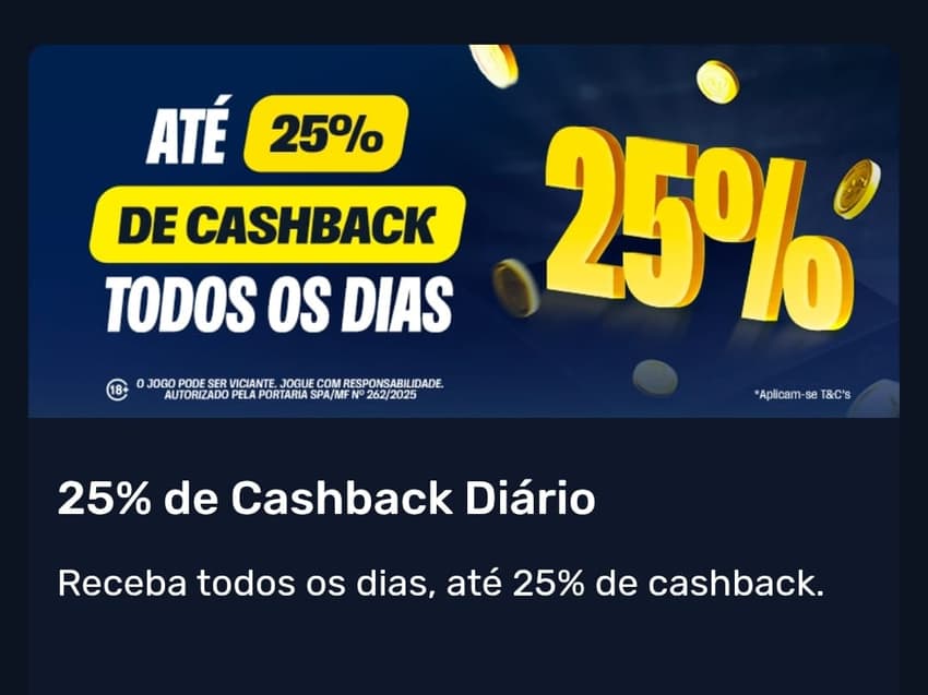 Captura de tela da página de cashback diário de 25% da GingaBet.