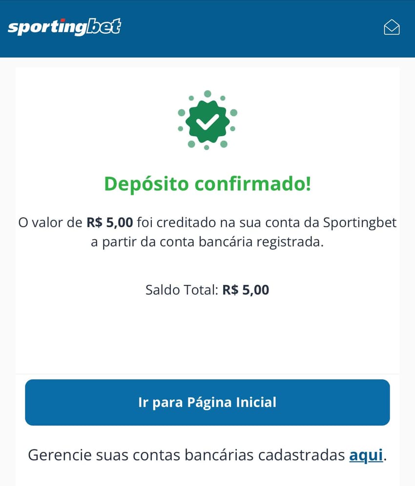 Captura de tela mostra a confirmação de depósito com o Pix Sportingbet