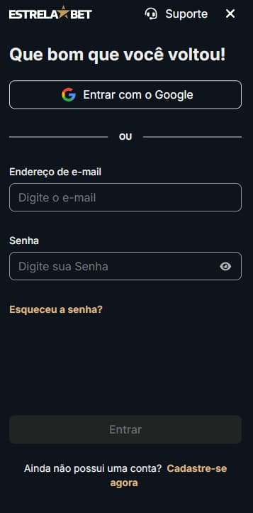 Tela de login e cadastro no app da Estrela Bet