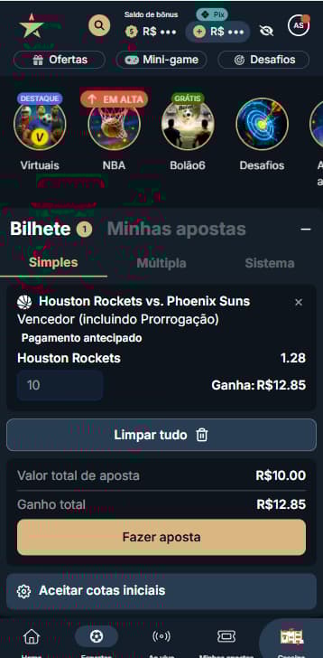 Bilhete de aposta simples no app da Estrela Bet