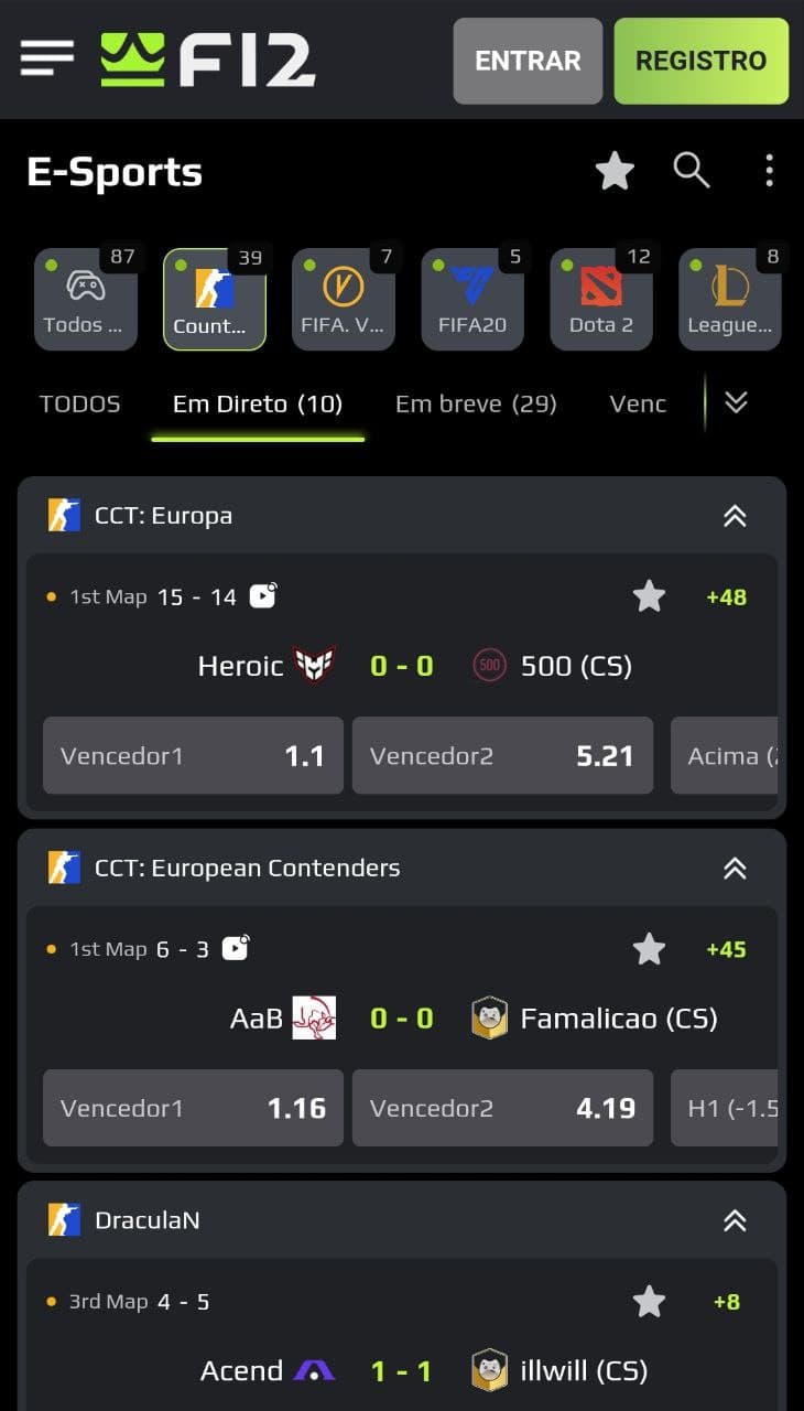 Partidas ao vivo de counter strike para apostas na F12Bet
