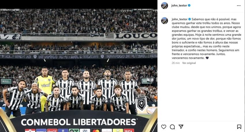 Publicação de John Textor após eliminação do Botafogo (Foto: Reprodução/Redes sociais)