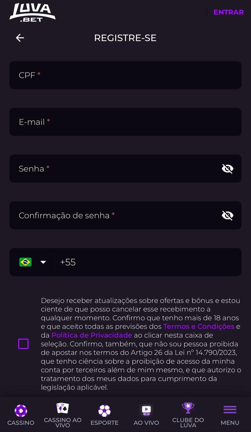 Captura da tela de cadastro na Luva Bet.