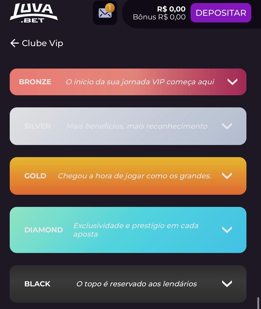 Captura da tela de níveis do clube VIP Luva.