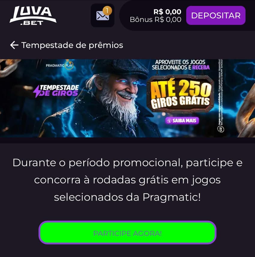 Captura da tela de promoção da Luva