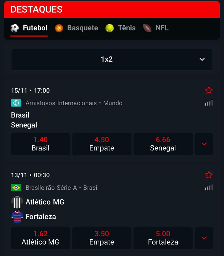 Captura da tela de apostas em futebol na MC Games.