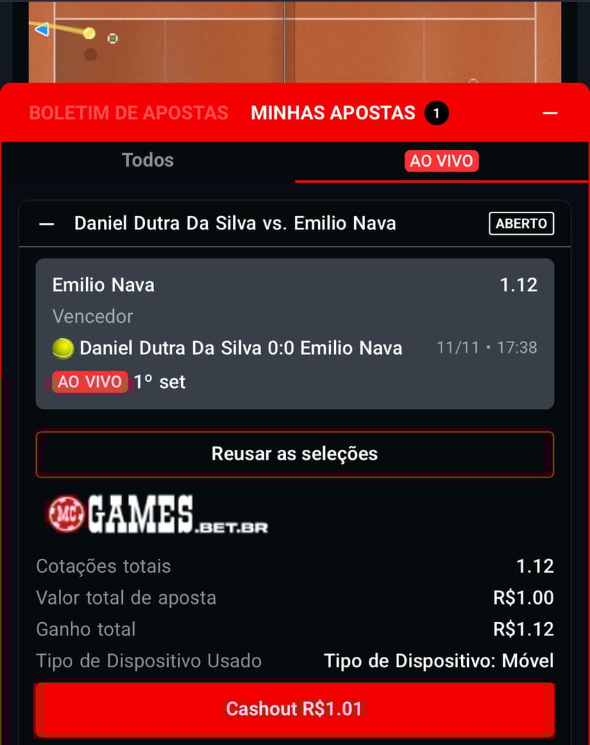 Captura da tela de cash out ao vivo na MC Games.
