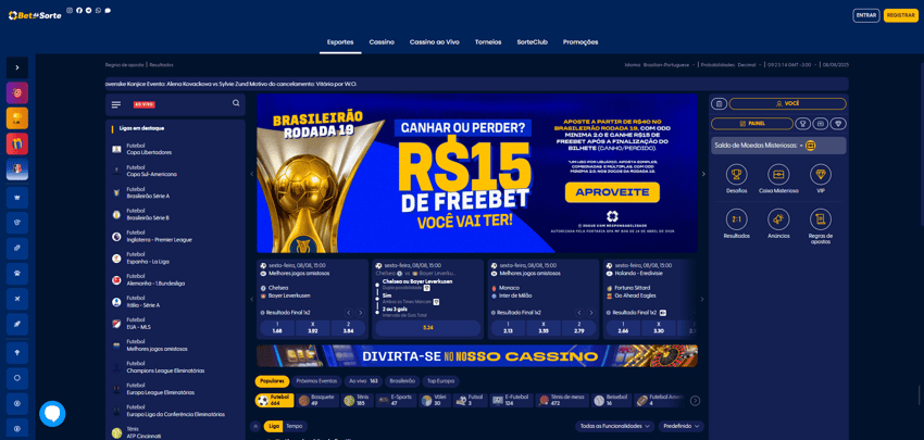 No site da Bet dá Sorte jogadores encontram boa cobertura esportiva, com foco no futebol | Crédito: Reprodução / Bet dá Sorte