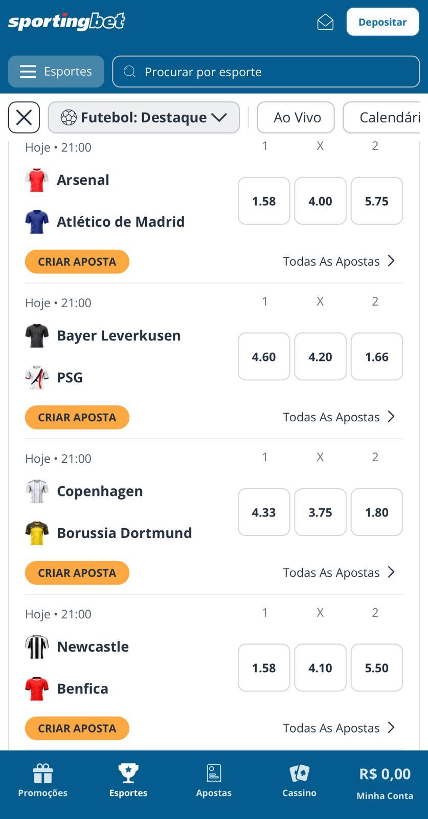 Captura da tela de apostas em futebol na Sportingbet.