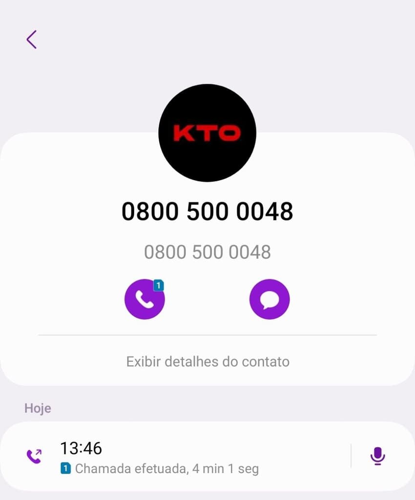  Ligação de atendimento KTO via telefone 0800