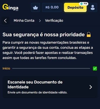 Captura de tela da página de verificação de identidade no site oficial da GingaBet.