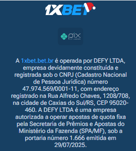 Rodapé da 1xBet com informações legais e autorização no Brasil