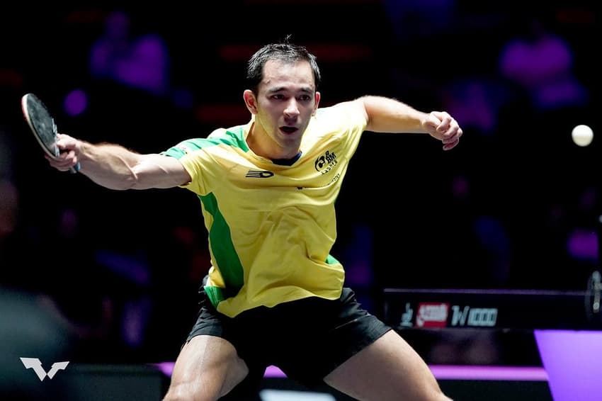 Hugo Calderano na vitória na estreia do WTT de Macau (Divulgação/WTT)
