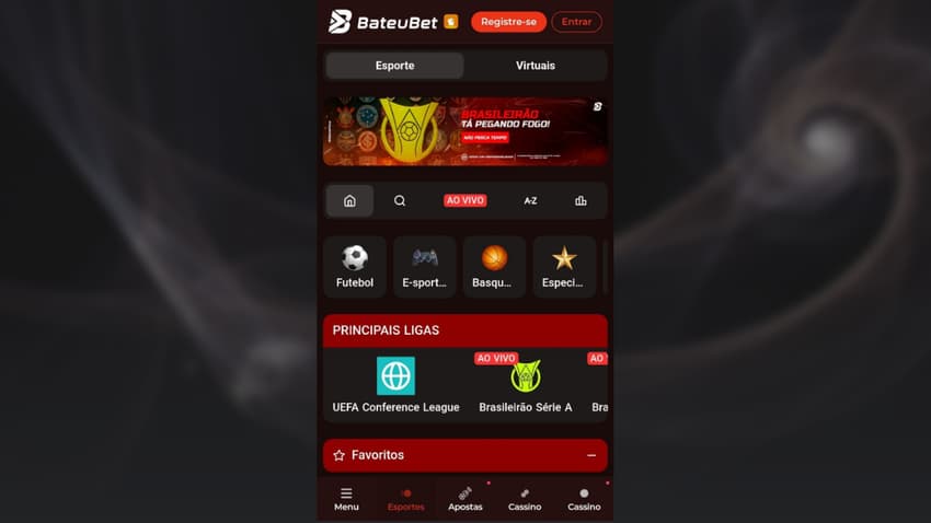 Página de esportes da Bateubet com destaque para o Brasilerião