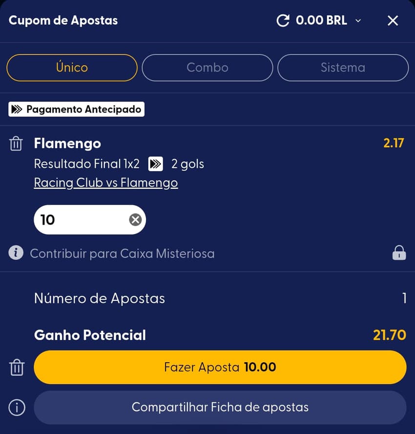 Captura de tela do boletim esportivo na casa de apostas com cash out Bet dá Sorte.