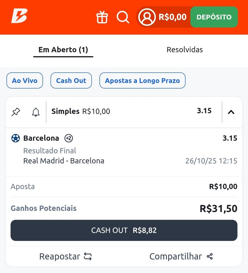 Captura de tela do bilhete de apostas na Betano com cash out.