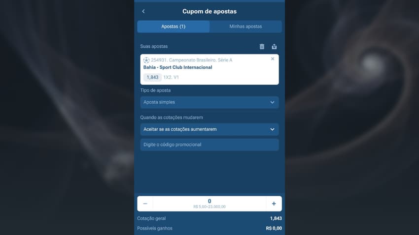 Captura de tela do cupom de apostas com uma seleção no brasileirão