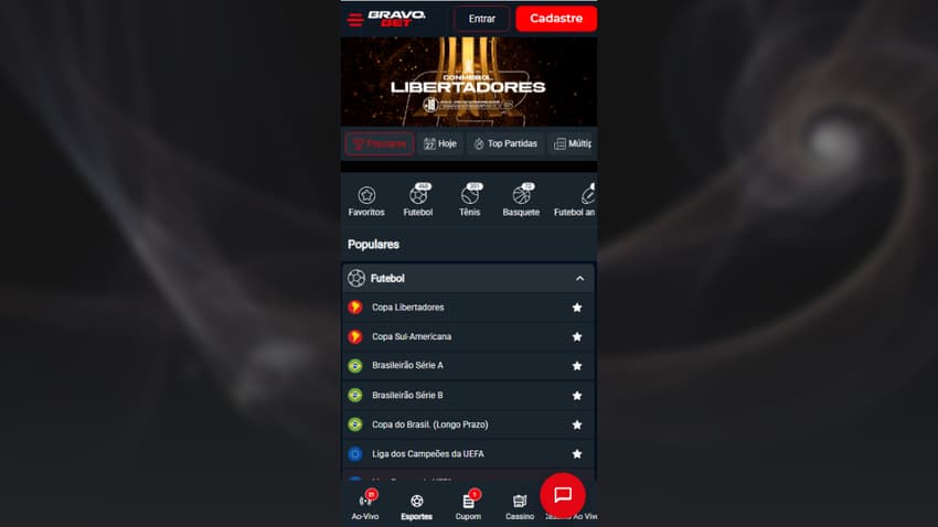 Página principal de esportes na BravoBet