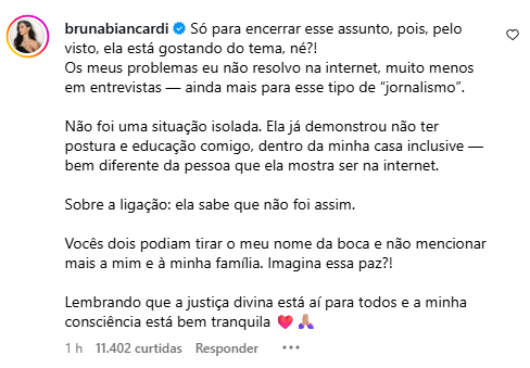 Resposta de Bruna Biancardi sobre nova declaração de Vírginia (Foto: Reprodução)