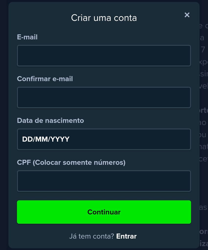 Captura de tela da página de cadastro da Stake para iniciantes.