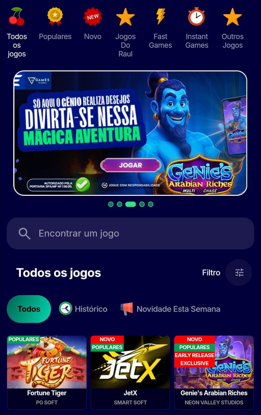 Captura de tela da seção de jogos de cassino no aplicativo Esportes da Sorte.