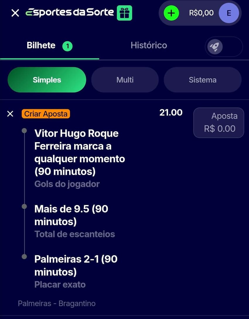 Captura de tela do recurso Criar aposta com seleções do Brasileirão.