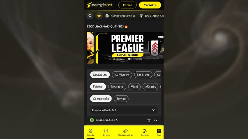 Página principal da Energia Bet pelo navegador mobile com destaque para a Premier League