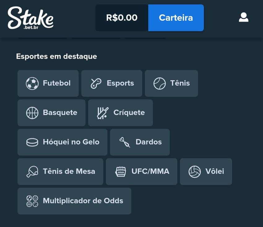Captura de tela do site mobile da Stake com esportes em destaque.