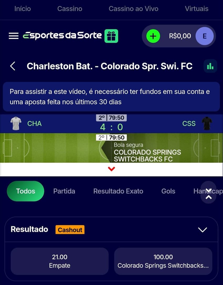 Captura de tela da seção de apostas ao vivo na plataforma.
