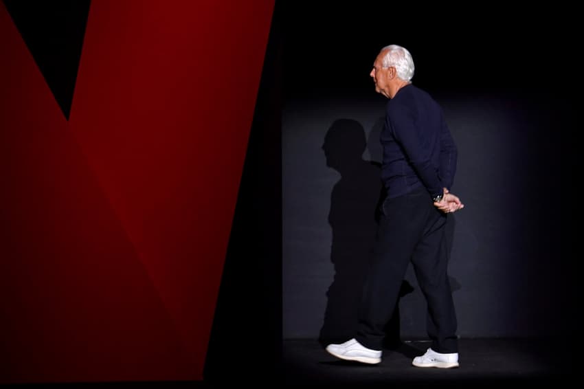 Giorgio Armani em desfile de moda em Milão, em 2018