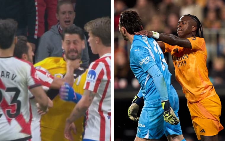 Lance de Koke em que VAR não interveio e lance de Vini Jr, onde o brasileiro pegou uma suspensão de três jogos (Foto: Reprodução/X)