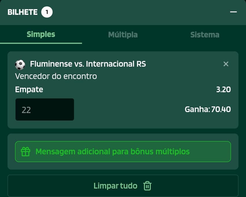 Captura de tela de apostas esportivas no fluminense e internacional pelo brasileirão.