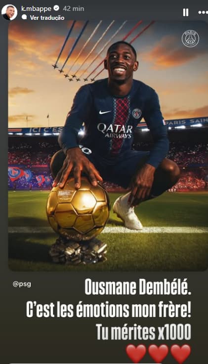 Mbappé parabenizou Ousmane Dembélé pela Bola de Ouro (Foto: Reprodução)