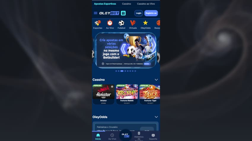 Página principal da Oleybet com destaque para Criador de Apostas e jogos de cassino