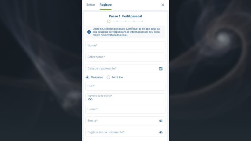 Captura de tela da página de cadastro 1xBet