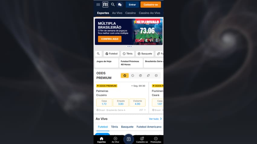 Seção de esportes da Rivalo com banner para oferta de Múltipla do Brasileirão