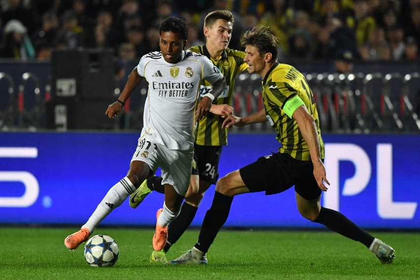 Rodrygo em ação pelo Real Madrid após entrar no lugar de VIni Jr contra o Kairat