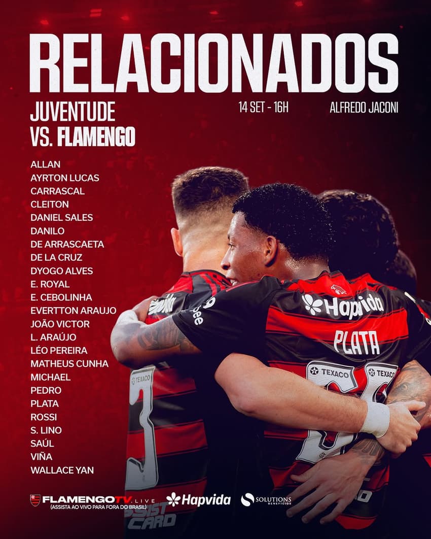 Confira a lista de relacionados do duelo entre o Flamengo e o Juventude. (Foto: Divulgação/ Flamengo)
