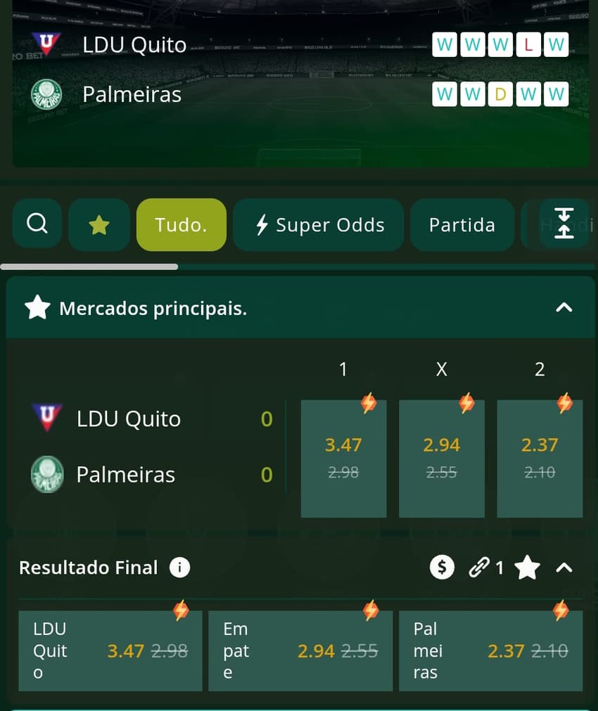 Captura de tela dos mercados de apostas com cash out na Seguro Bet.