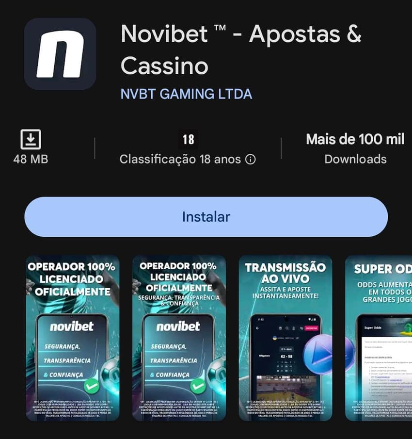 Captura de tela do aplicativo da Novibet para Android