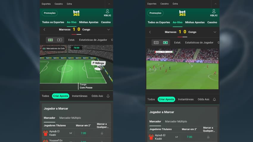 Captura de tela das apostas ao vivo e live streaming na Bet365